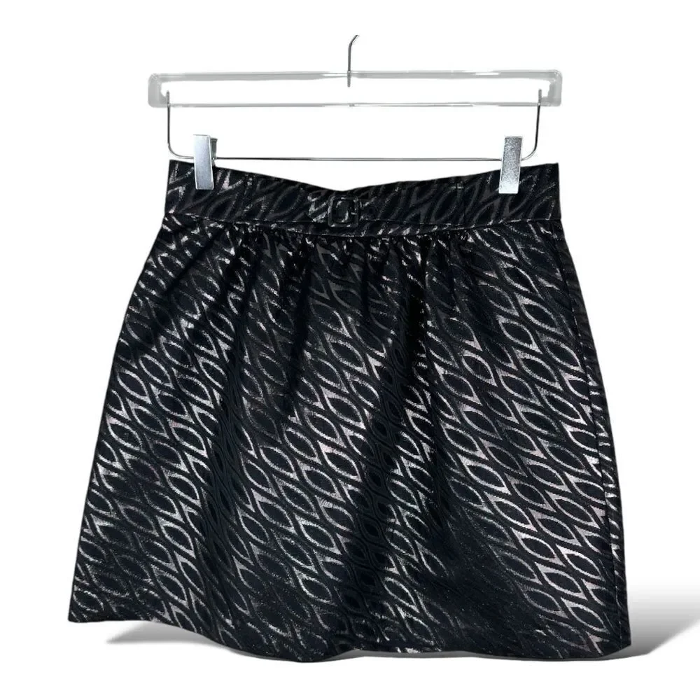 Tibi Black Metallic Jacquard Full Mini Skirt Sz 8 Back Zip Evening Party